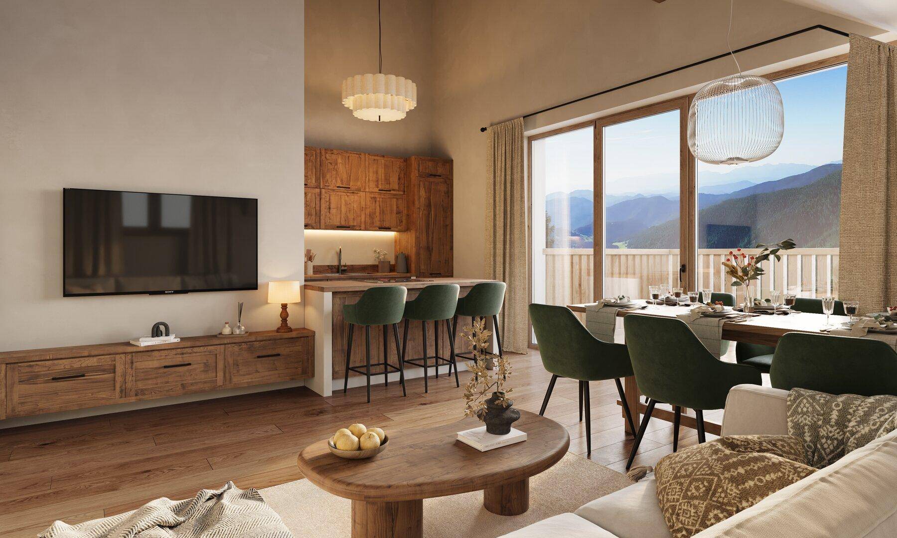 Helles, offenes Wohn-Esszimmer mit Holzboden, moderner Küche und Panoramablick auf die Berge.