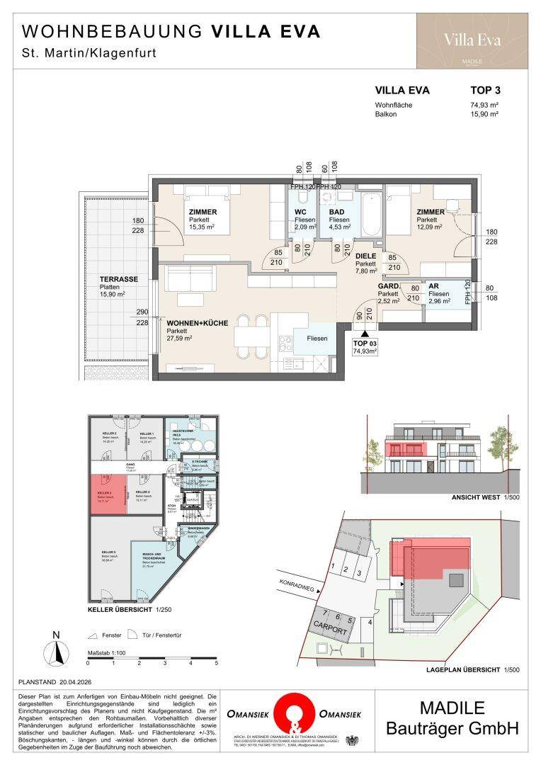Grundriss der Wohnung Top 3 mit offenem Wohnbereich, zwei Bädern, Balkon und Terrasse.