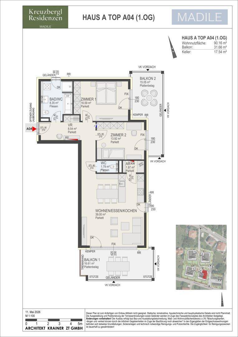 Grundriss der Wohnung A04 im ersten Obergeschoss mit zwei Balkonen und offenem Wohnbereich.