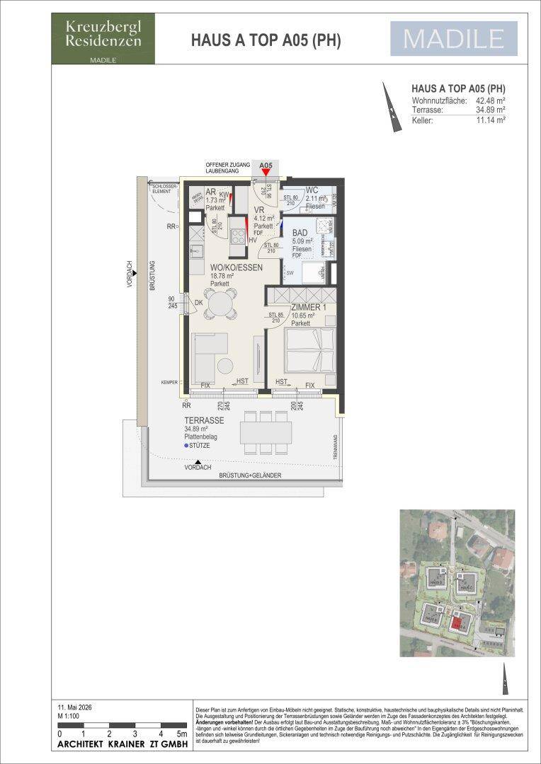 Grundriss für eine Penthouse-Wohnung mit Wohnküche, Schlafzimmer, Bad und großer Terrasse.