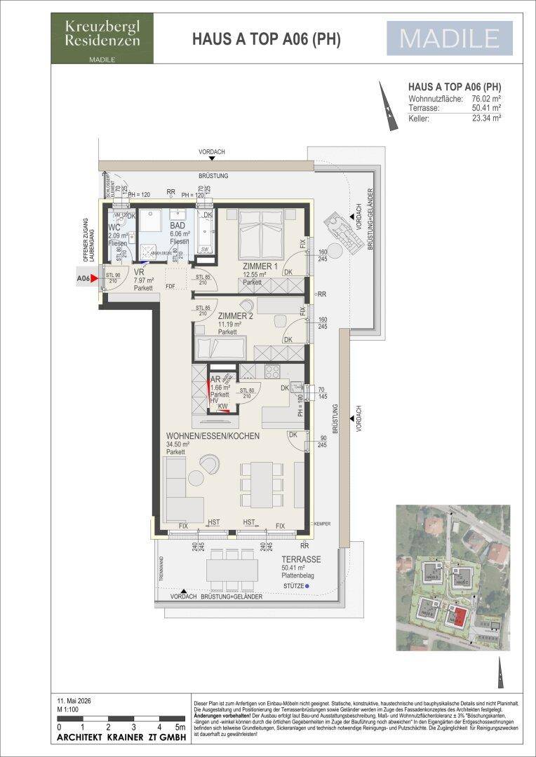 Grundrissplan für ein Penthouse mit offenem Wohnbereich, zwei Schlafzimmern und großer Terrasse.