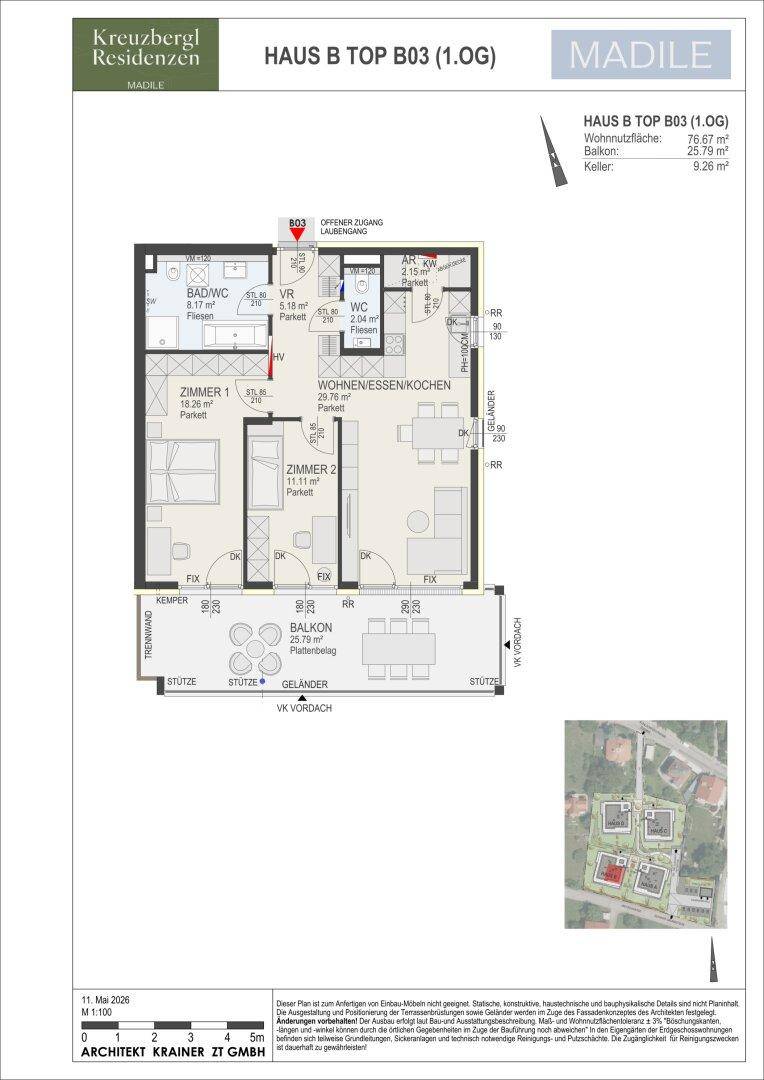 Grundriss einer 2-Zimmer-Wohnung mit offenem Wohnbereich und großem Balkon.