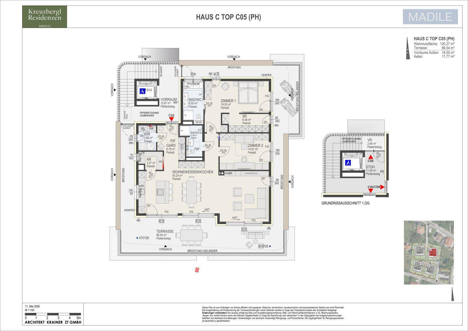 Grundriss der Penthouse-Wohnung mit drei Zimmern, zwei Bädern und großer Terrasse.