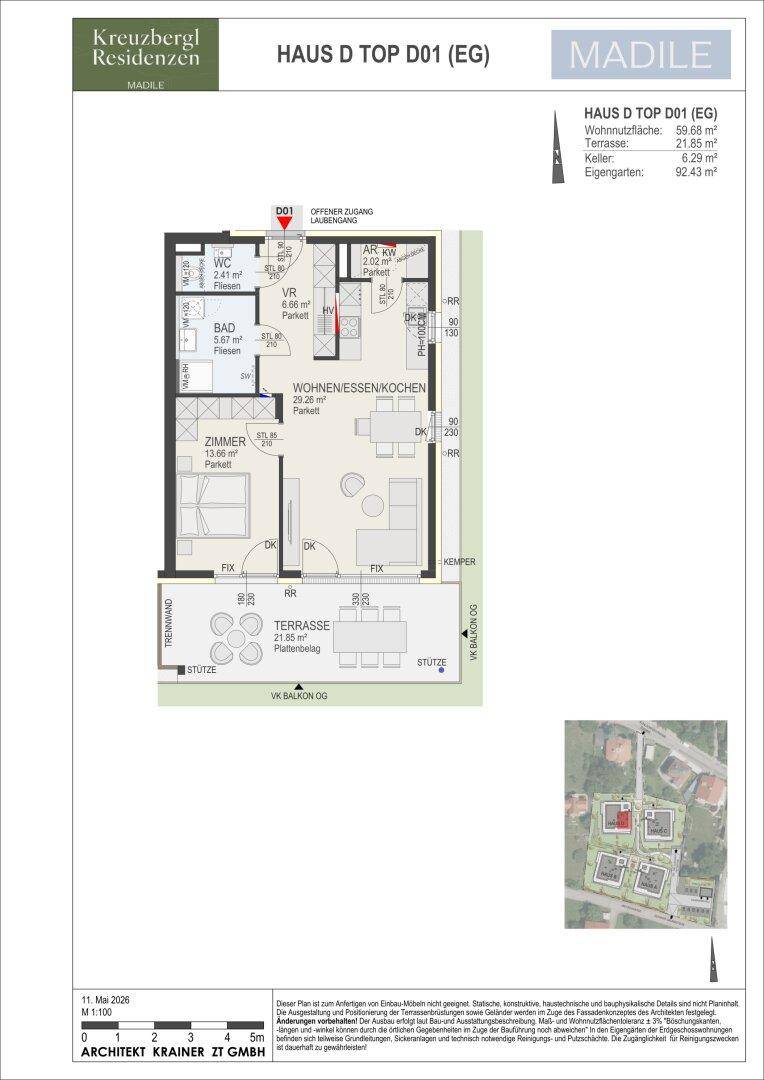 Grundriss einer Erdgeschosswohnung mit offenem Wohnbereich, Schlafzimmer, Bad und großer Terrasse mit Zugang zum Eigengarten.