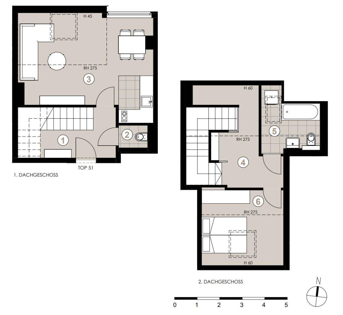 Grundriss einer Maisonette-Wohnung über zwei Etagen mit Wohnbereich und Schlafzimmern.