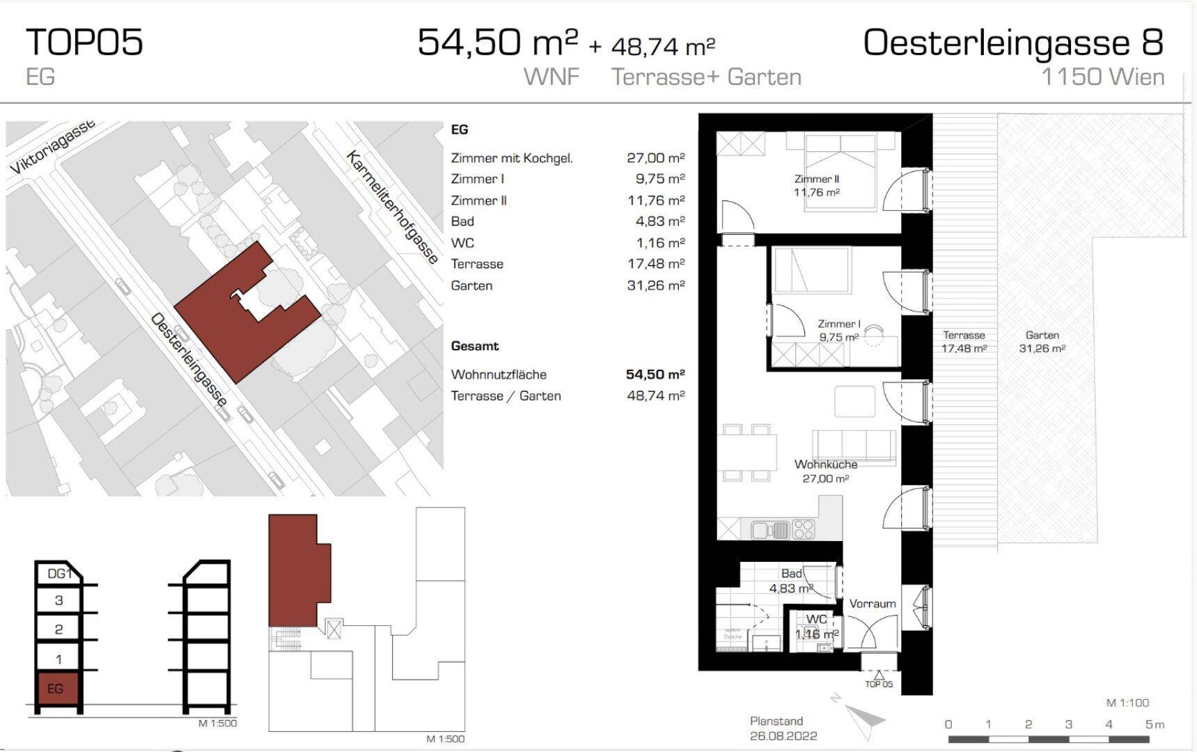 Detaillierter Grundriss der Wohnung mit Flächenangaben für Wohnen, Terrasse und Garten.