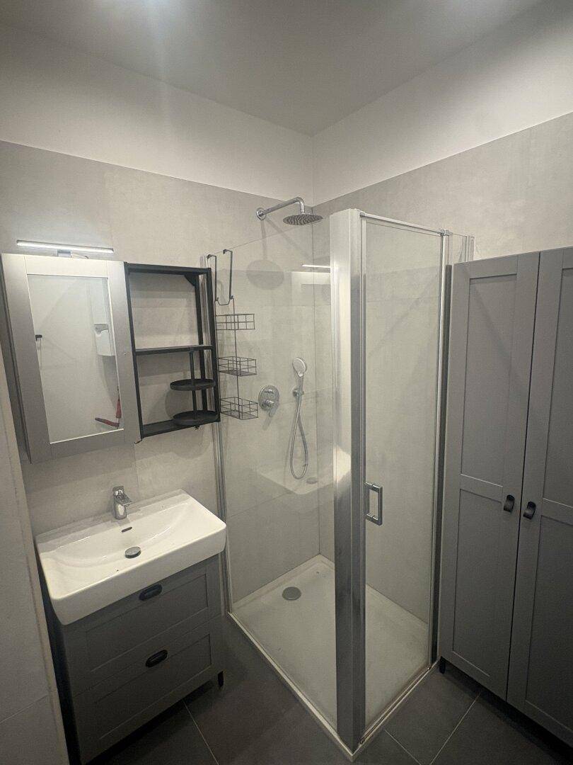 Modernes Badezimmer mit begehbarer Dusche, Einzelwaschbecken und grauen Schränken.