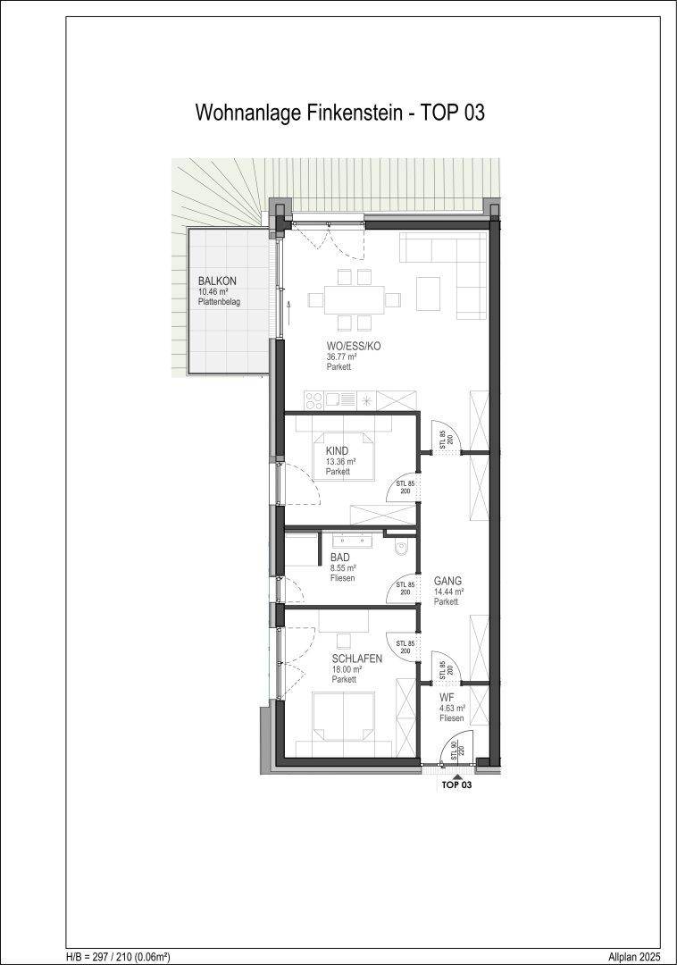 Grundriss der Wohnung TOP 03 mit Balkon, Wohn-Ess-Kochbereich und drei Zimmern.