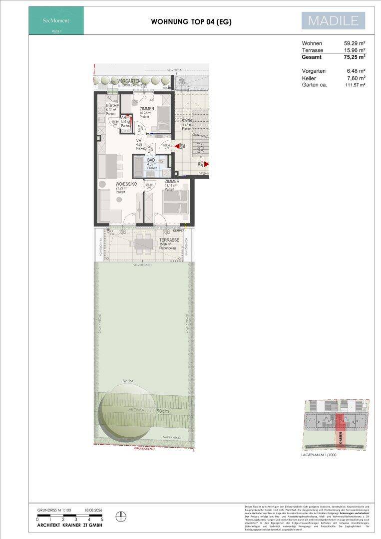 Grundriss der Wohnung Top 04 im Erdgeschoss mit Garten, Terrasse und offenem Wohnbereich.