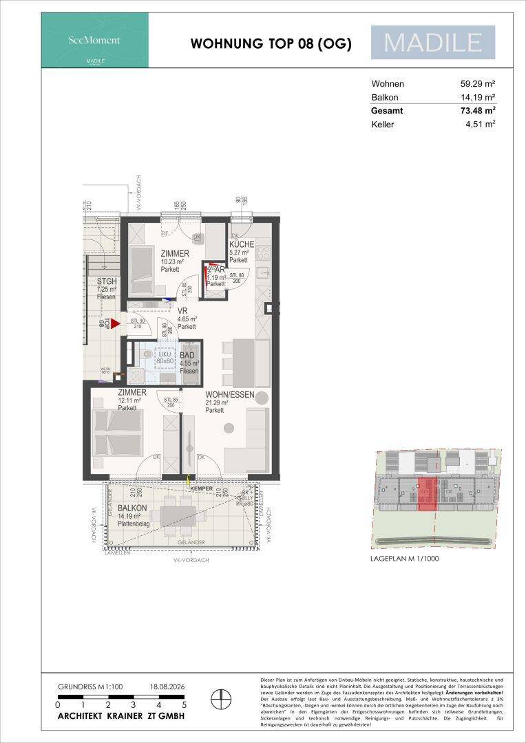 Grundriss der Wohnung Top 08 im Obergeschoss mit offenem Wohnbereich, Schlafzimmer und Balkon.