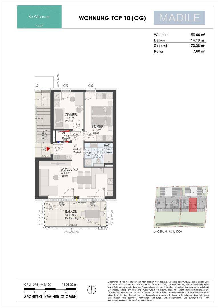 Grundriss der Wohnung Top 10 mit Wohn-/Essbereich, zwei Zimmern und Balkon.