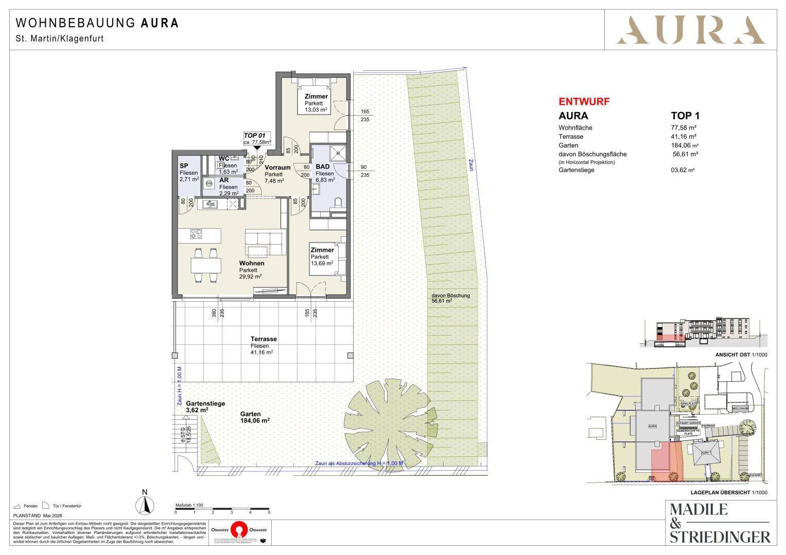 Grundriss einer Wohnung mit drei Zimmern, Terrasse und privater Gartenanlage.