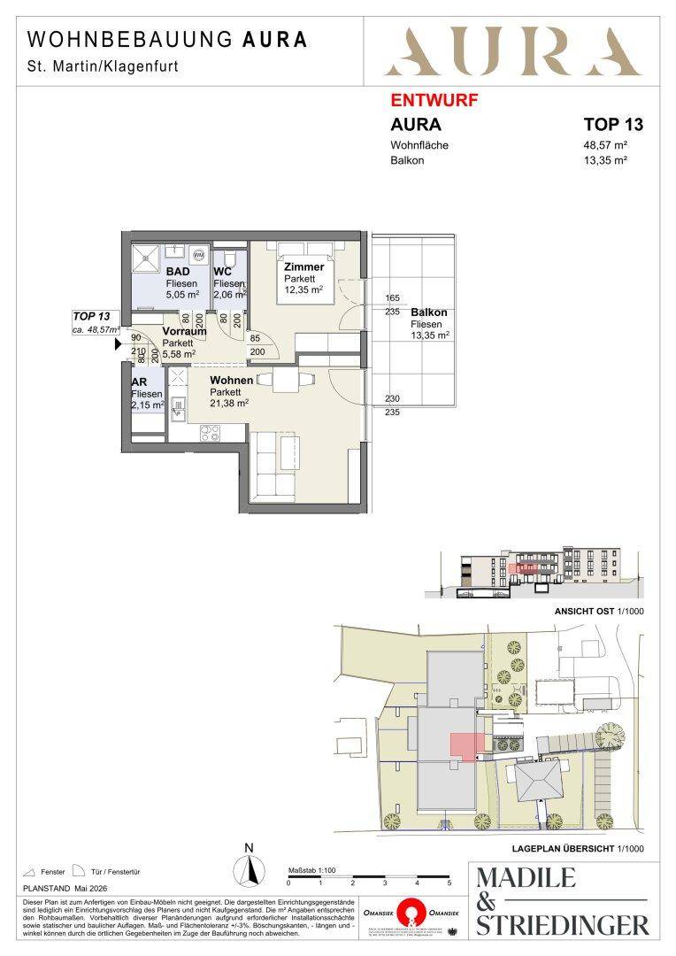 Grundriss der Wohnung Top 13 mit 48,57 m² Wohnfläche und 13,35 m² Balkon, inklusive Lageübersicht.