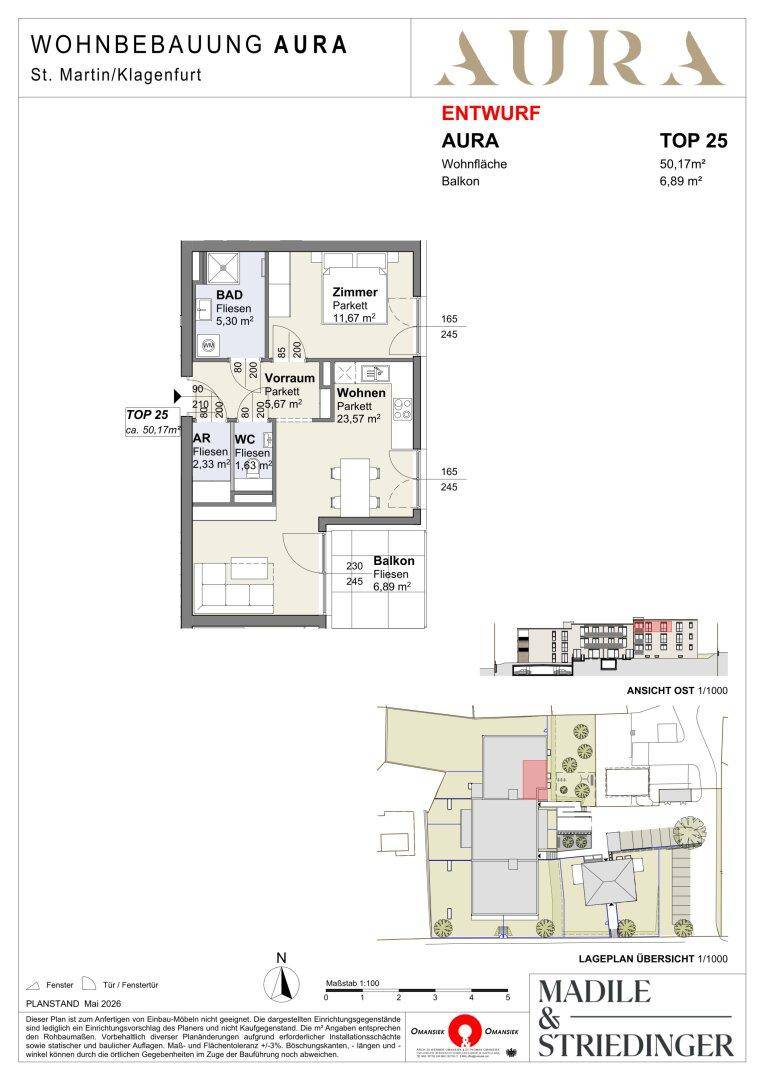 Grundriss der Wohnung Top 25 mit Balkon, Bad und separatem WC sowie Wohn- und Schlafzimmer.