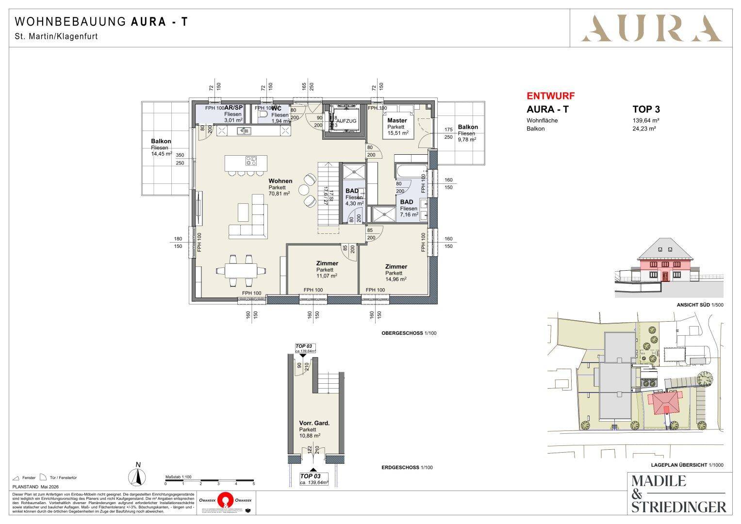 Grundriss der Wohnung AURA - T, Top 3, mit drei Zimmern, zwei Bädern und Balkon.