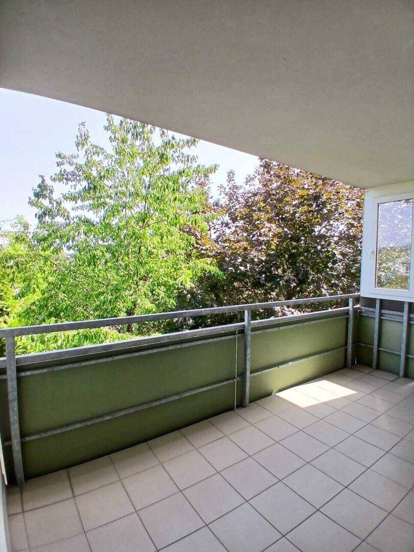 Sonniger Balkon mit Blick auf üppige Bäume und viel Grün, ideal zum Entspannen im Freien.