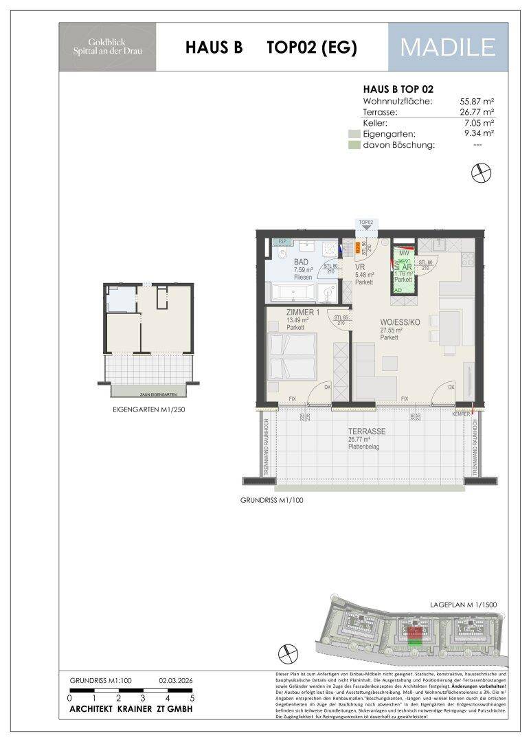 Grundriss einer Erdgeschosswohnung mit Wohn-Essbereich, Schlafzimmer, Bad und großer Terrasse mit Garten.