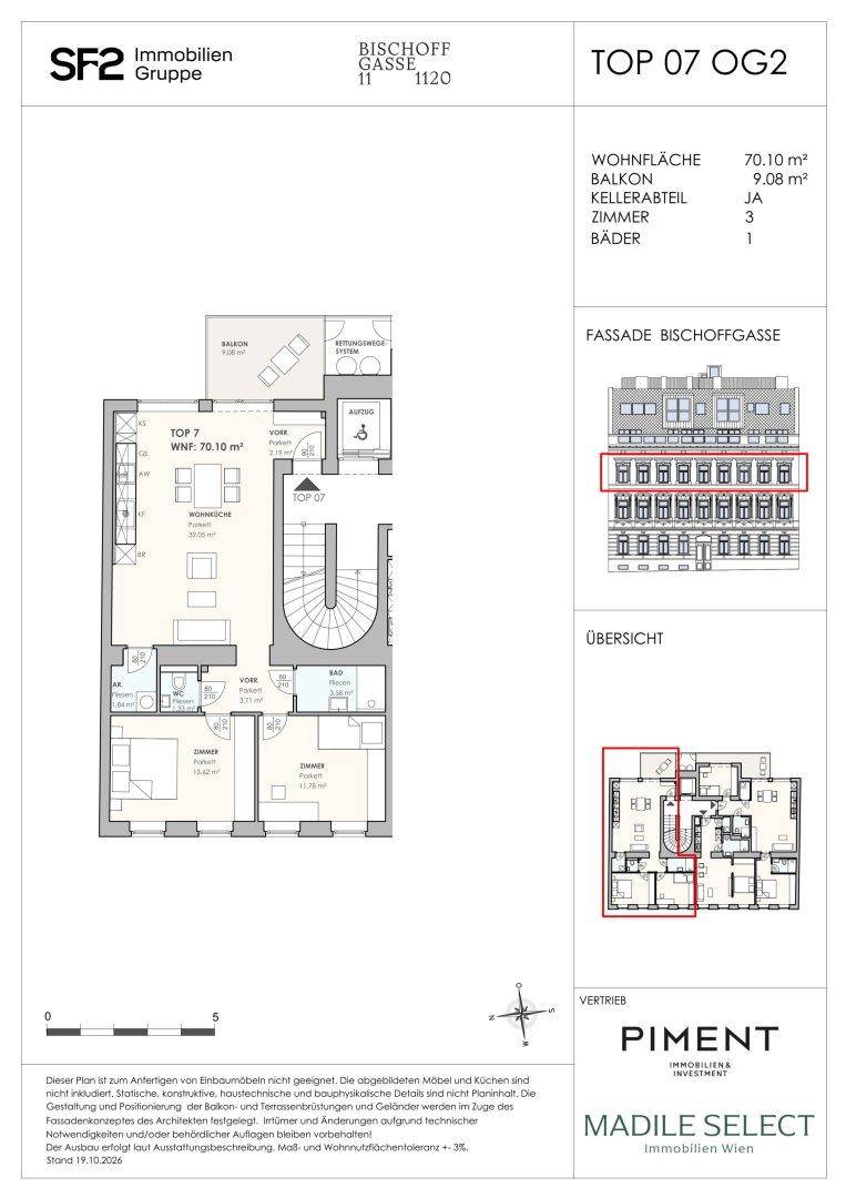 Detaillierter Grundriss einer Wohnung mit 70,10 m² Wohnfläche, Balkon und drei Zimmern.