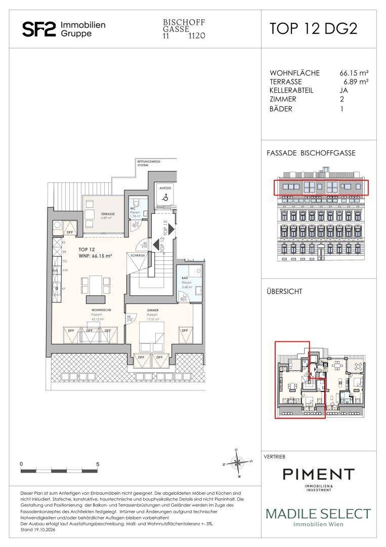 Detaillierter Grundriss einer Dachgeschosswohnung mit Wohnfläche und Terrassenbereich.