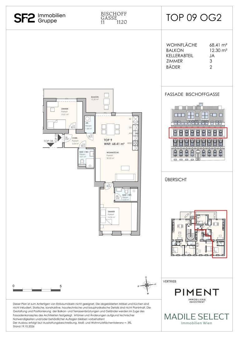 Detaillierter Grundriss einer Wohnung mit 68,41 m² Wohnfläche, Balkon und Kellerabteil.