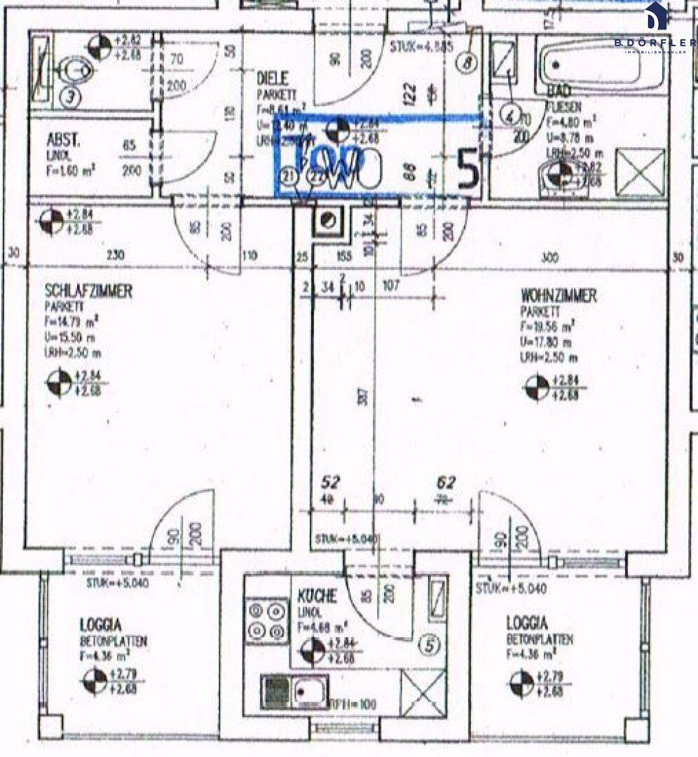 Detaillierter Grundriss einer Wohnung mit Schlafzimmer, Wohnzimmer, Küche, Bad und Loggia.