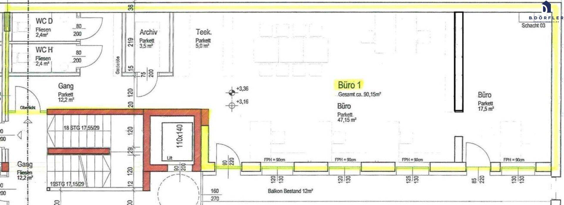 Detaillierter Grundriss mit mehreren Büroräumen, Teeküche und Balkon.