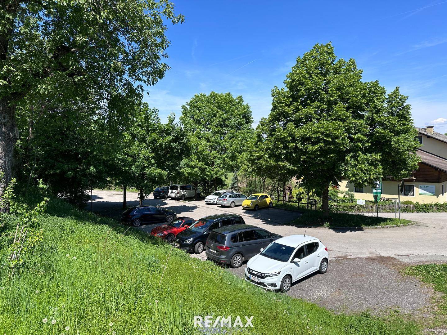 Großer Außenparkplatz umgeben von üppigem Grün und hohen Bäumen unter strahlend blauem Himmel.