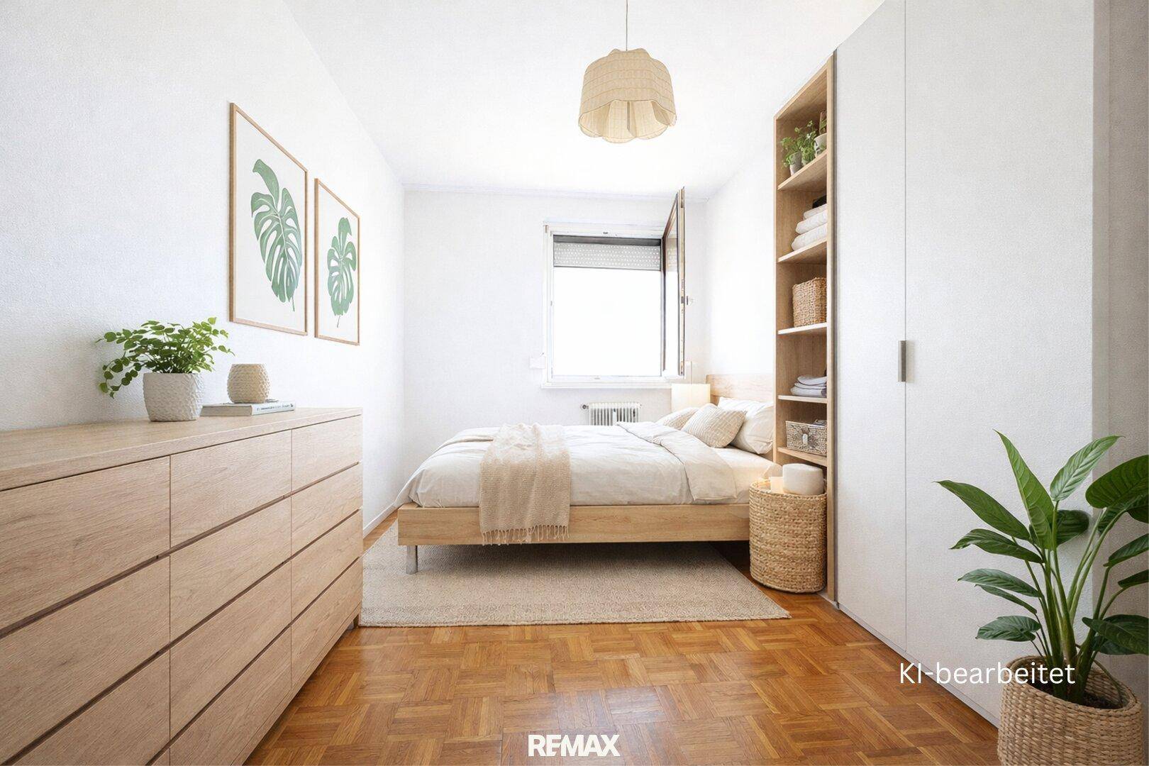 Helles Schlafzimmer mit Parkettboden, Holzmöbeln und Pflanzen als Dekoration.