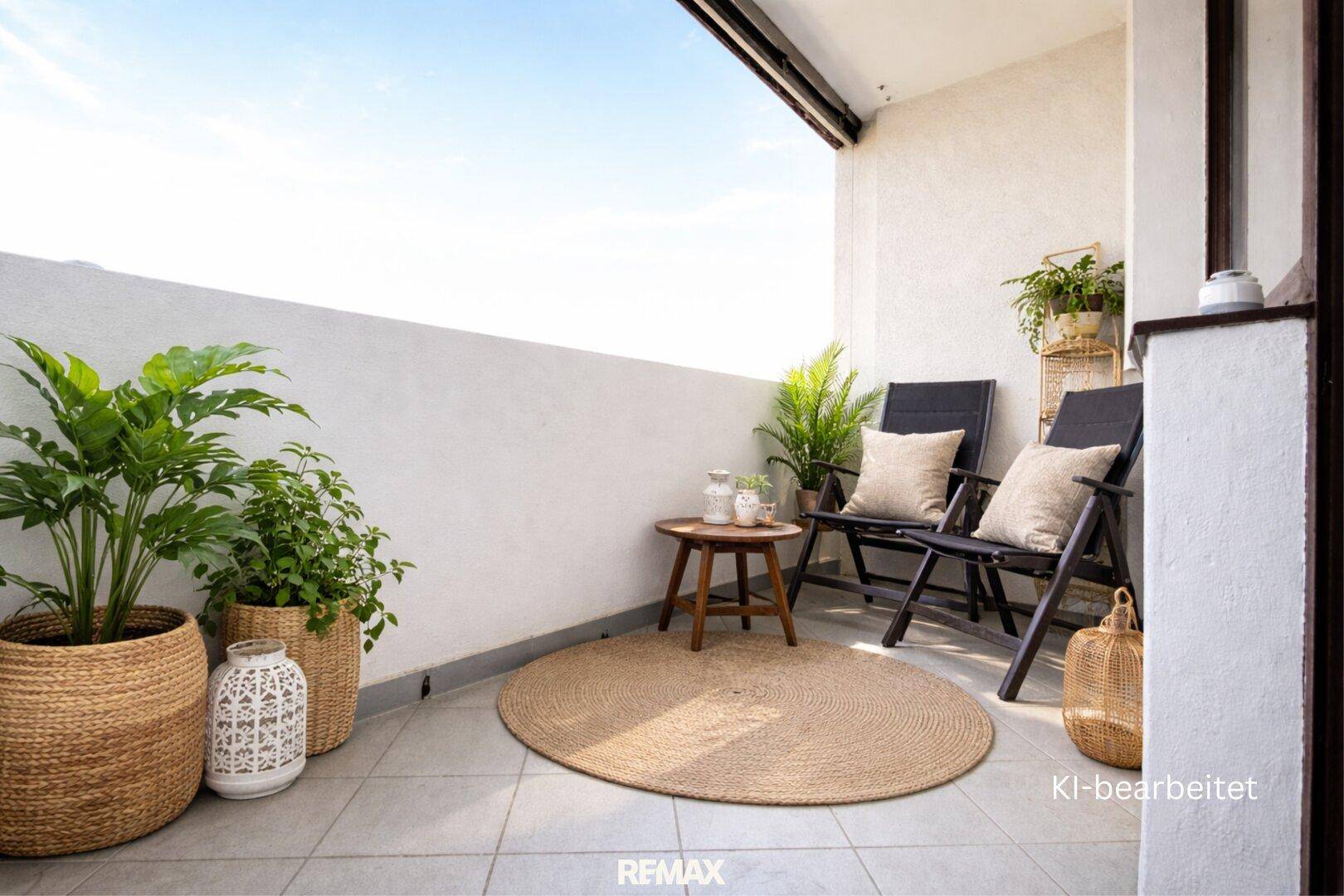 Gemütlicher Balkon mit Pflanzen, Sitzgelegenheiten und Teppich für mehr Komfort.