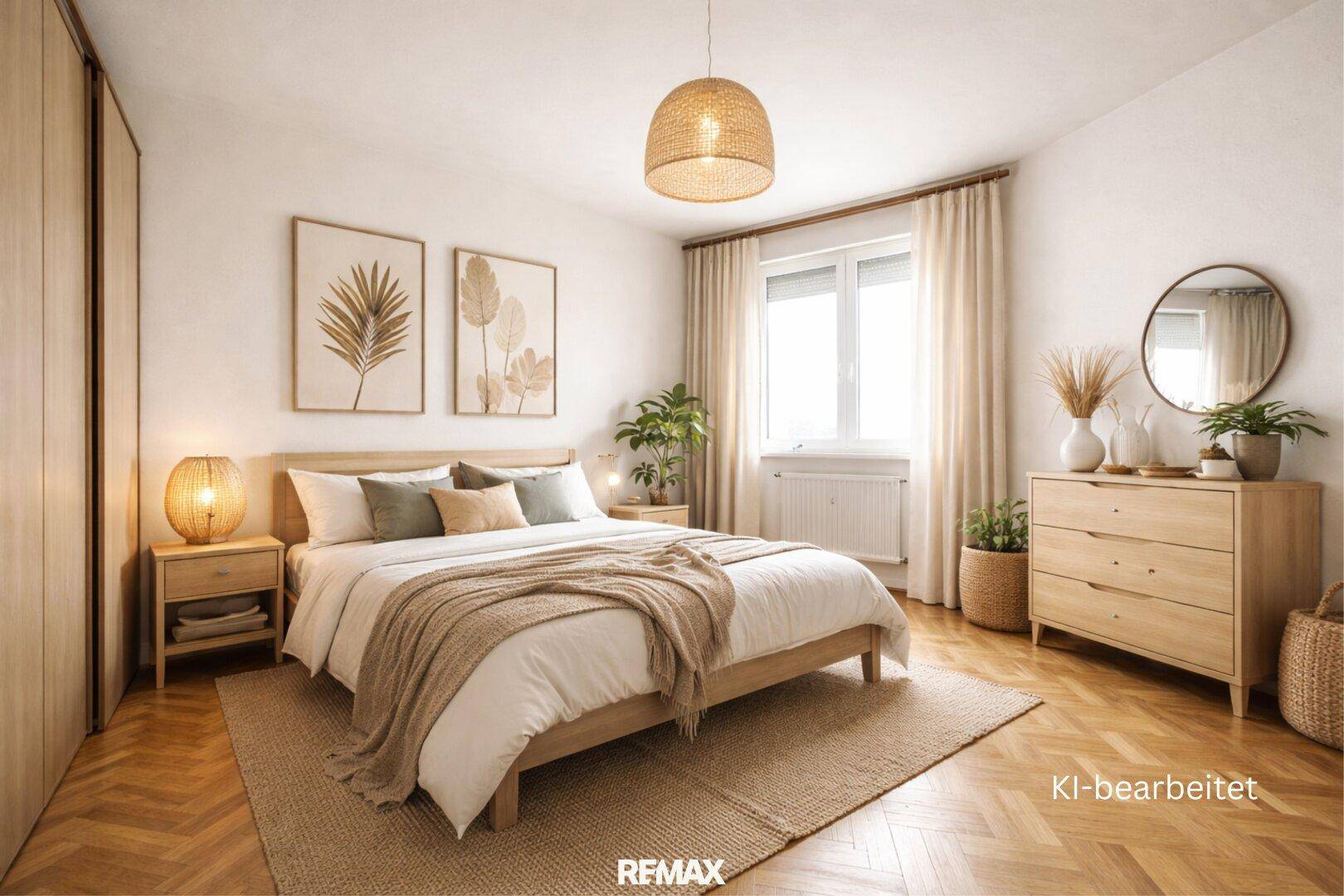 Geräumiges Schlafzimmer mit Parkettboden, großem Bett und natürlicher Einrichtung.