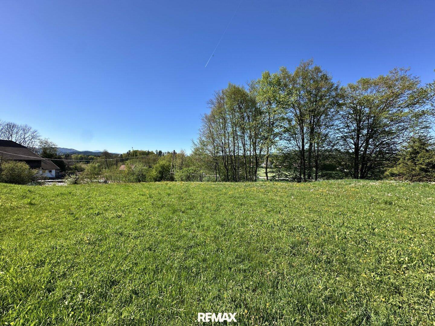 Weitläufige grüne Wiese unter blauem Himmel, umgeben von Bäumen und einer ruhigen Landschaft.