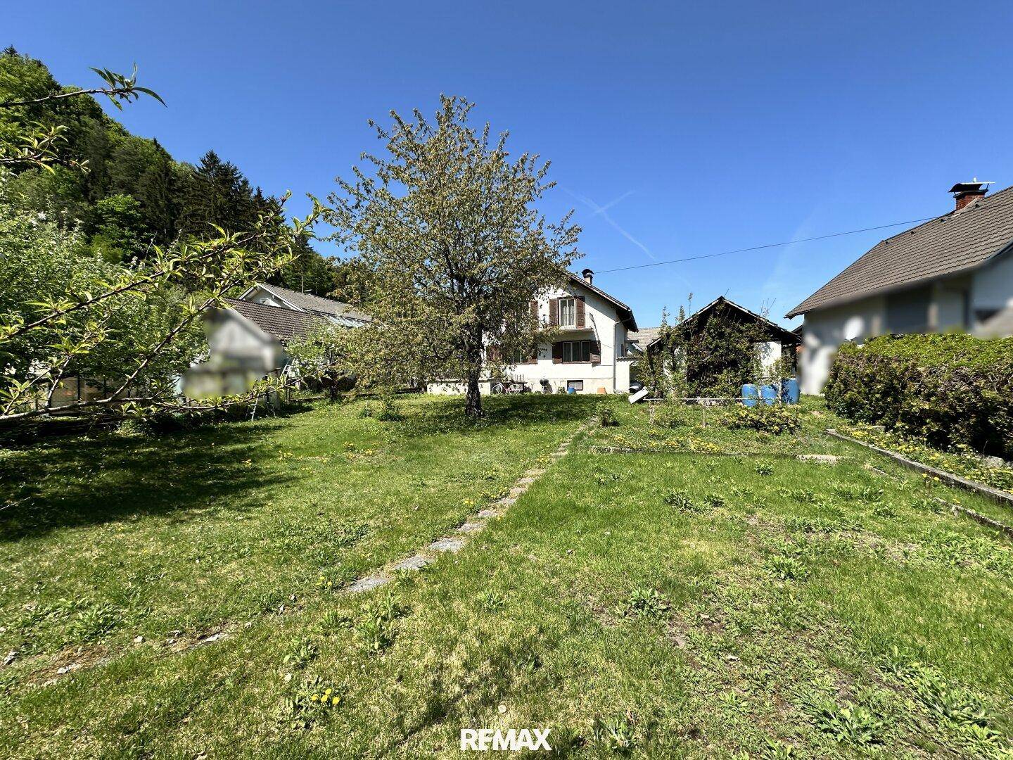 Weitläufiger Gartenbereich mit Haus im Hintergrund und blühendem Baum.
