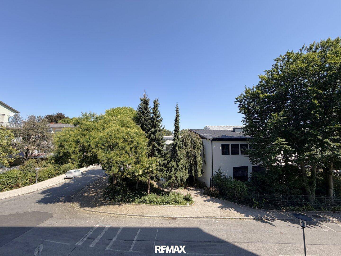Außenansicht mit Bäumen, Straße und umliegenden Gebäuden unter blauem Himmel.