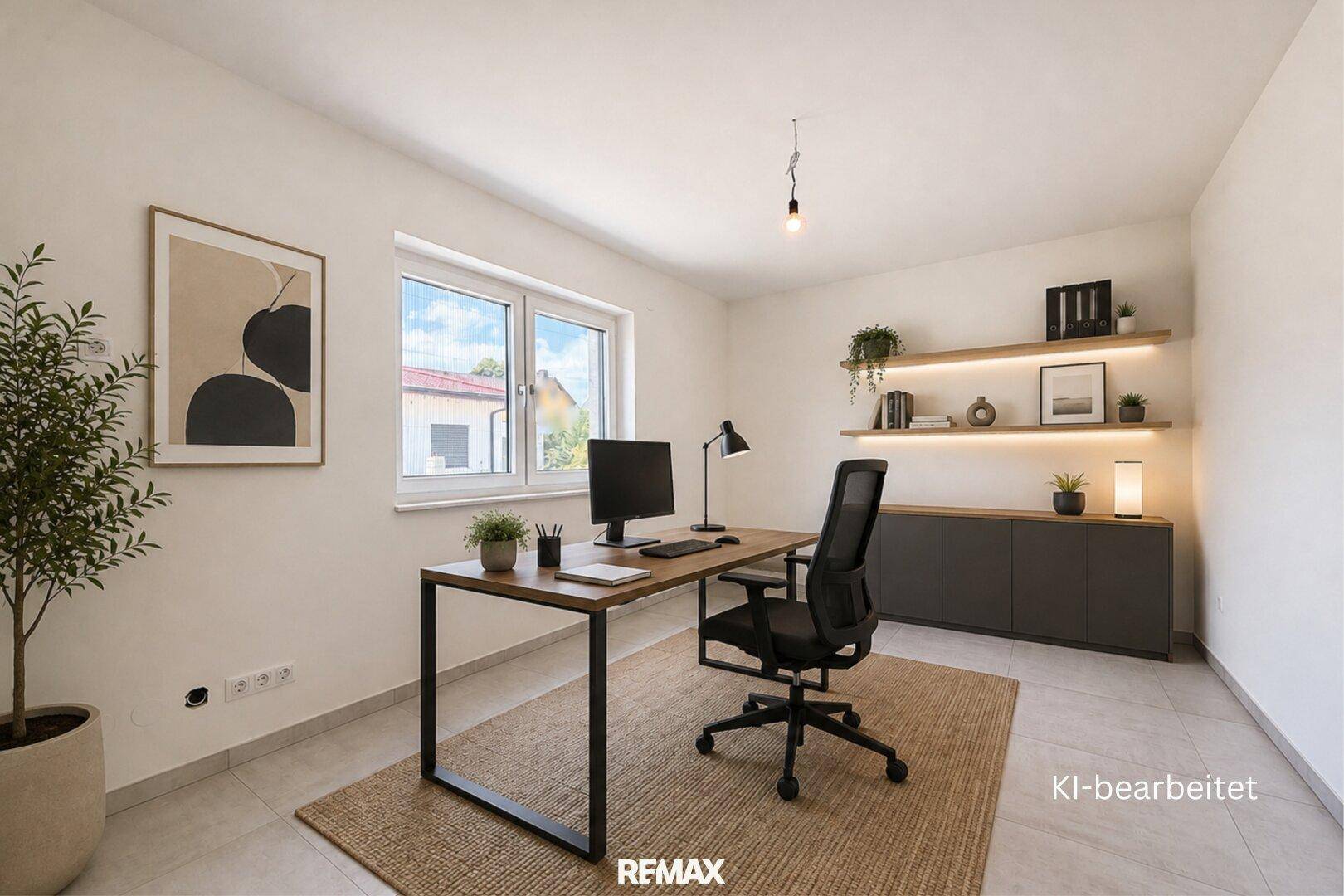 KI-bearbeitetes Arbeitszimmer mit modernem Schreibtisch, Regalen und Blick ins Grüne.
