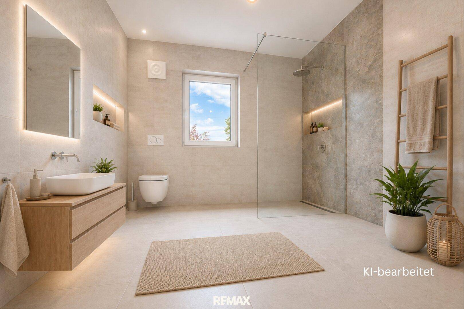 KI-bearbeitetes modernes Badezimmer mit begehbarer Dusche, Einzelwaschbecken und Fenster.