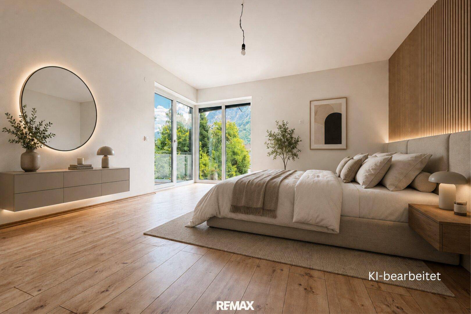 KI-bearbeitetes Schlafzimmer mit Holzboden, modernem Design und Zugang zum Außenbereich.
