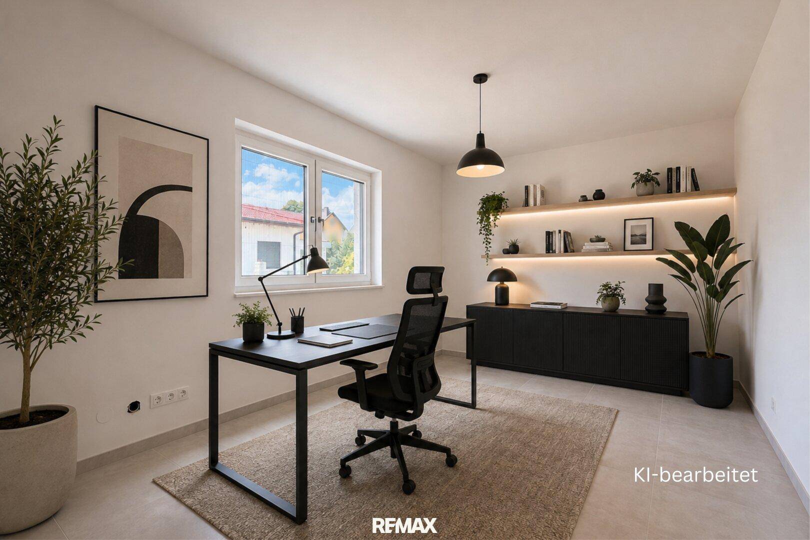 Modern eingerichtetes Büro mit Schreibtisch, Regalen und Blick ins Grüne.