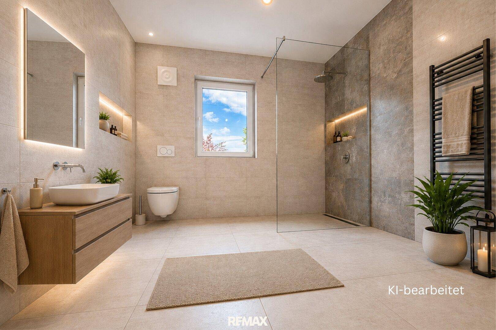 Modernes Badezimmer mit ebenerdiger Dusche, Einzelwaschbecken und beheiztem Handtuchhalter.