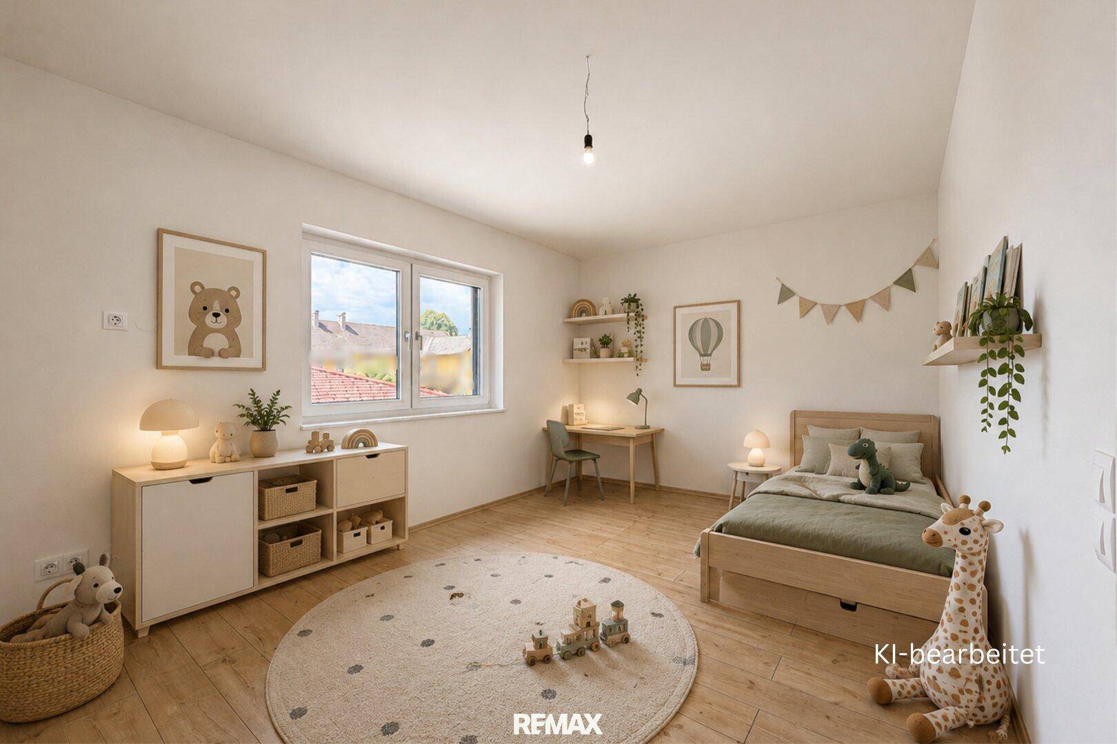 Freundliches Kinderzimmer mit Holzboden, kindgerechter Einrichtung und viel Tageslicht.