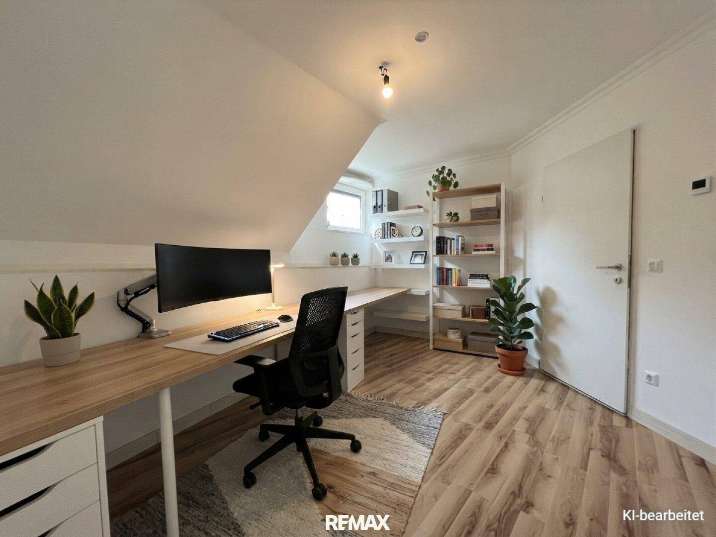 Virtuell eingerichtetes Büro im Dachgeschoss mit Laminatboden und viel Arbeitsfläche.