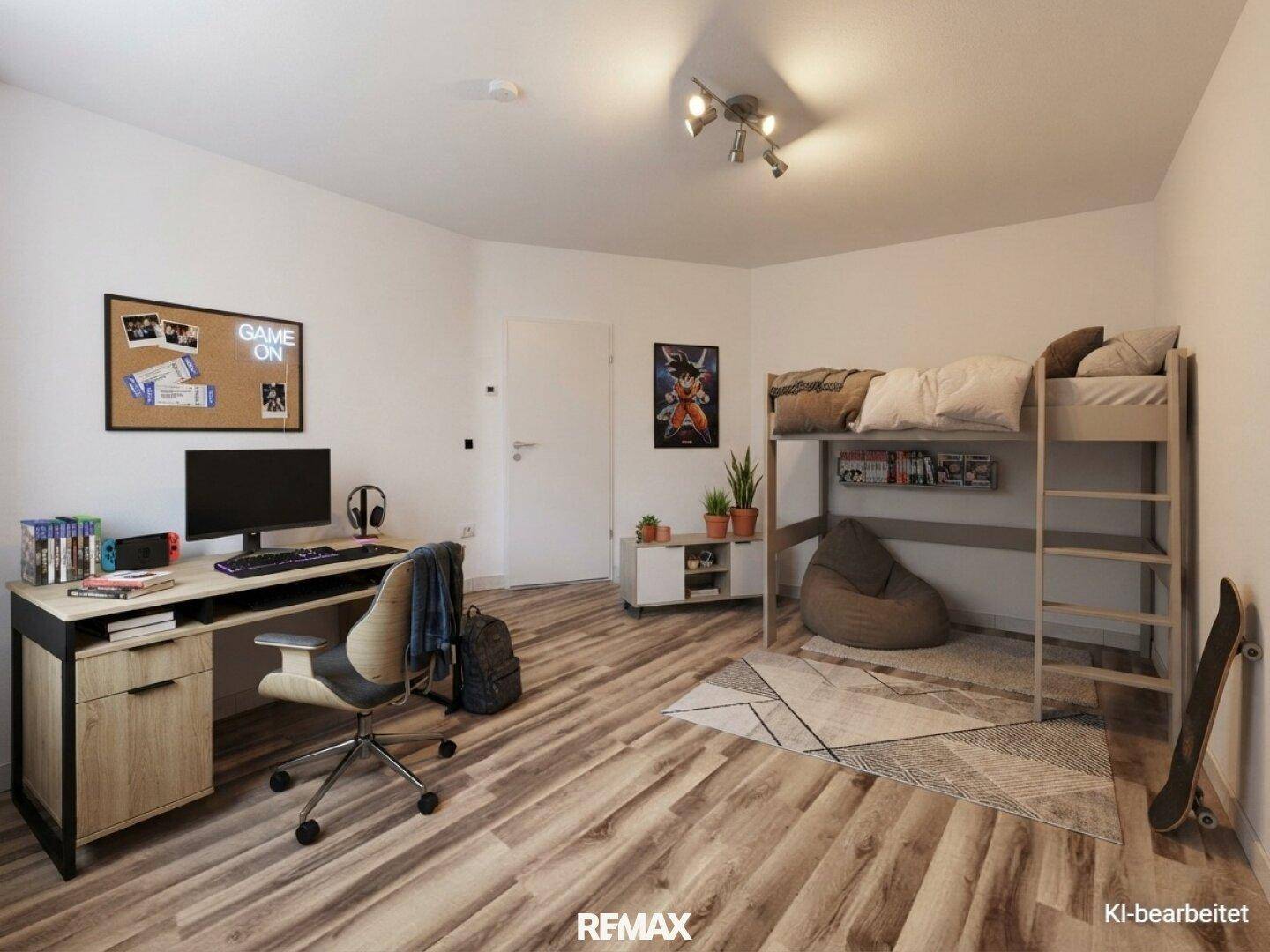 Virtuell eingerichtetes Jugendzimmer mit Laminatboden, Schreibtisch und Hochbett.