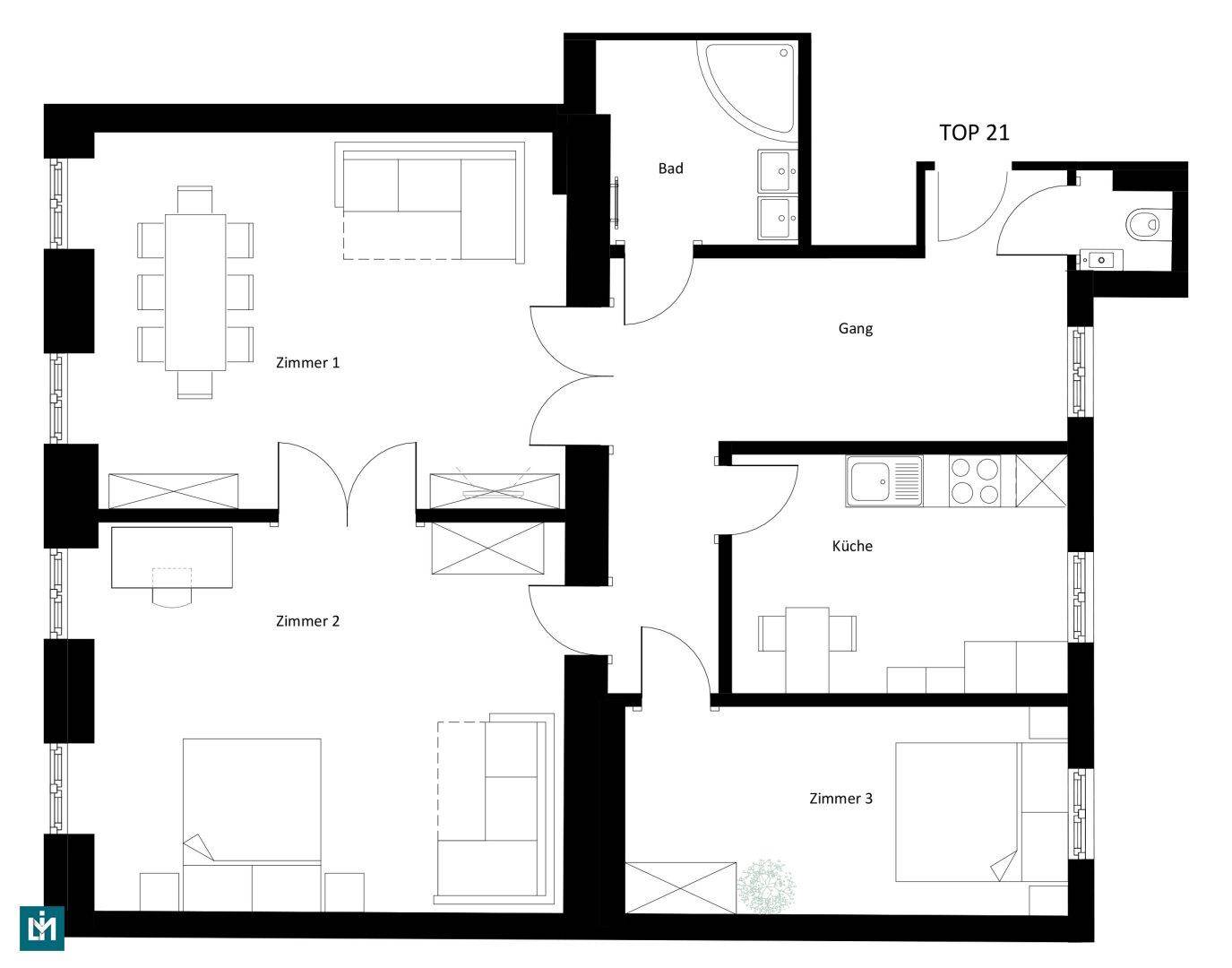 Grundriss der Wohnung TOP 21 mit drei Zimmern, Küche und Bad.