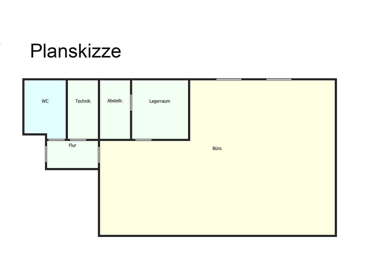 Grundriss zeigt ein Büro, einen Lagerraum, einen Technikbereich, ein WC und einen Flur.