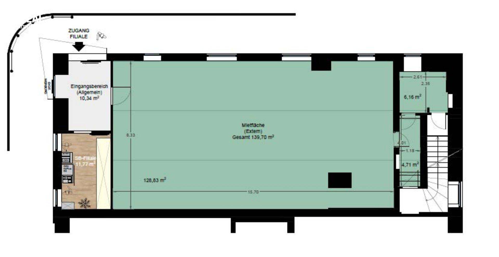 Grundrissplan einer Gewerbefläche mit Eingangsbereich und Mietfläche von 139,70 m².