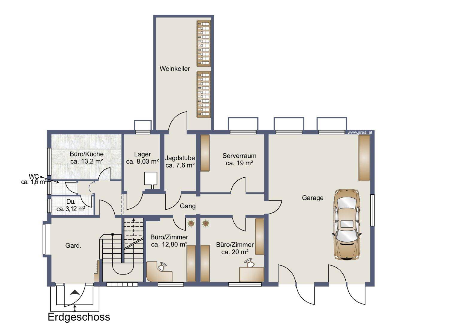 Grundriss des Erdgeschosses mit Büros, Garage, Weinkeller und WC-Bereich.