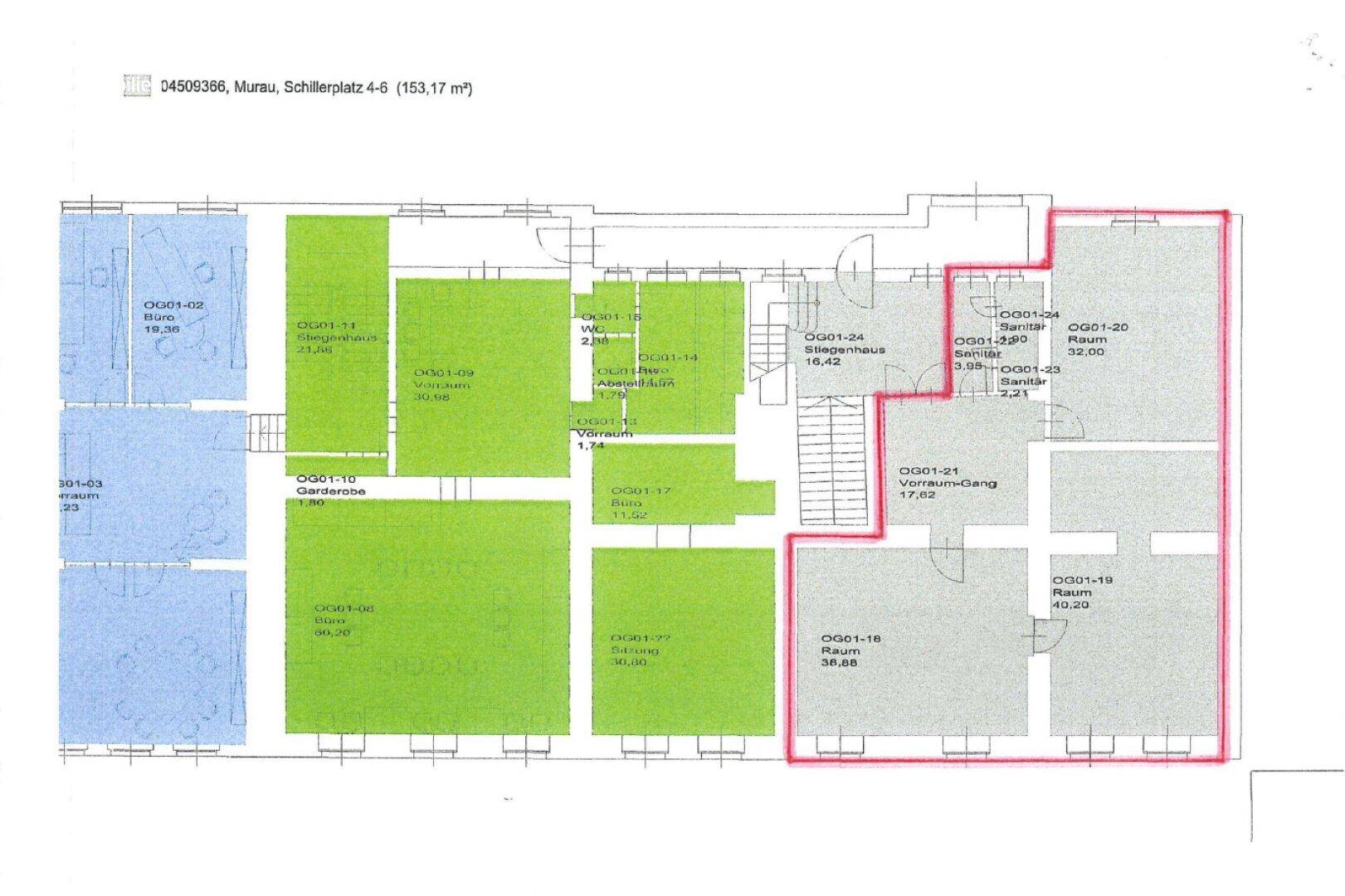 Detaillierter Grundriss mit verschiedenen Räumen und Flächenangaben, hervorgehobene Bereiche.