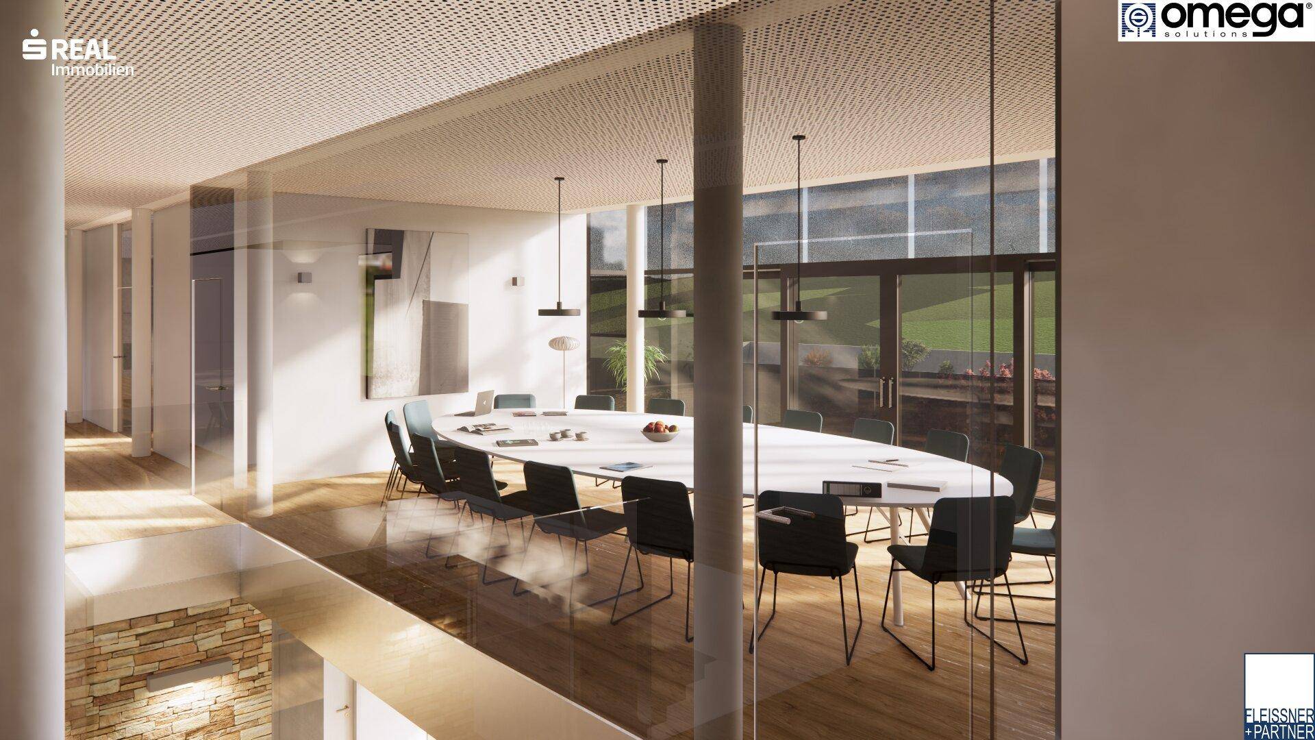 Moderner Konferenzraum mit großem ovalen Tisch, vielen Stühlen und raumhohen Fenstern für viel Licht.