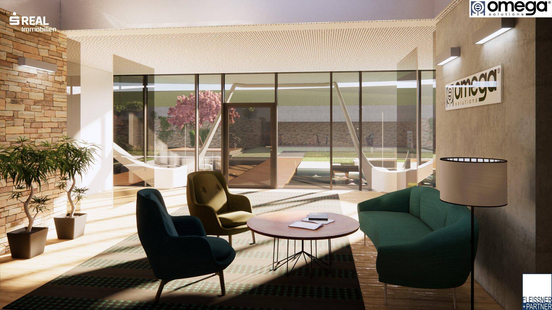 Gemütlicher Loungebereich mit modernen Sitzmöbeln, Couchtisch und Blick auf die Außenanlage durch große Fenster.