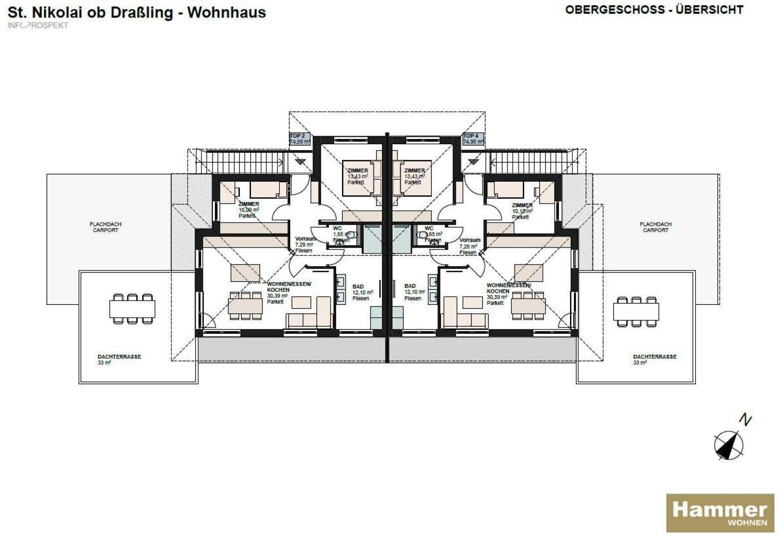 Grundriss des Obergeschosses zeigt Schlafzimmer, Bäder und Balkone der Doppelhaushälfte.