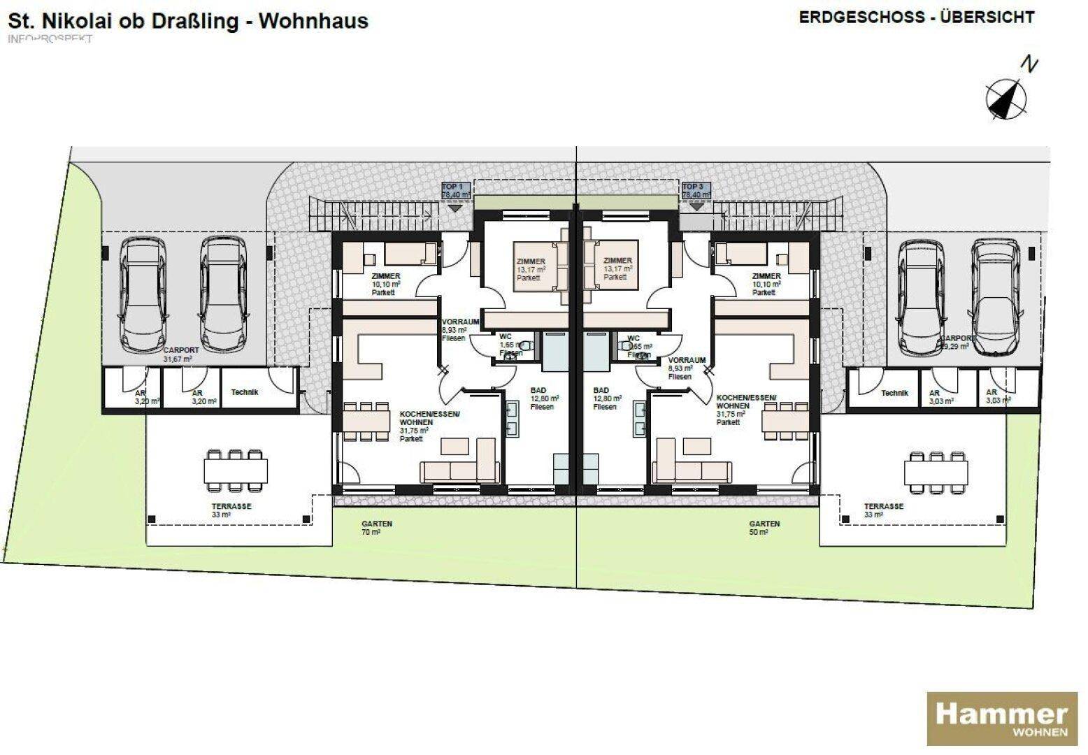 Grundriss des Erdgeschosses mit offenem Wohnbereich, Küche, Terrasse und Garten.